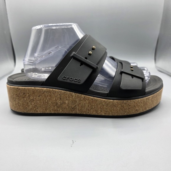 Crocs Brooklyn Sandals Womens 10 Black Rubber Straps Slide Cork Platform Buckles - Picture 5 of 14